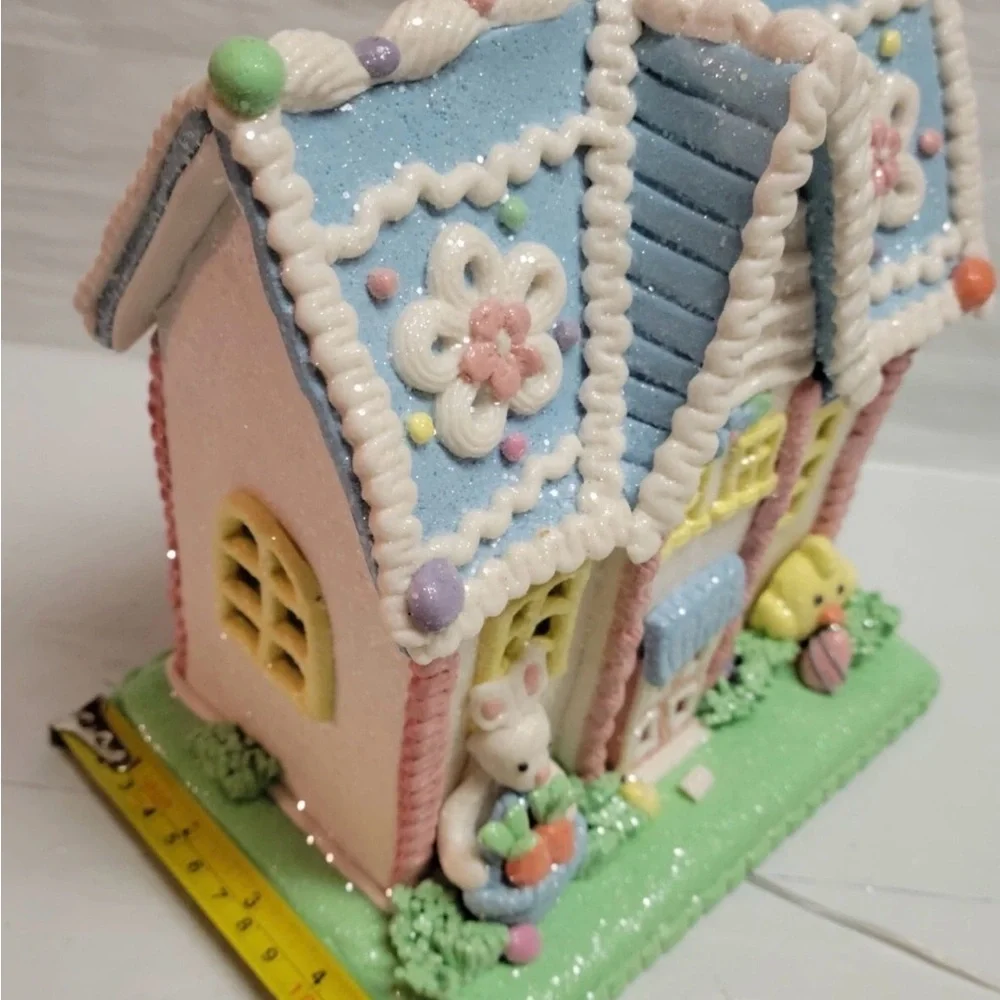 Easter Spring Clay Dough Light Up House 9” White Bunny In Glittered Gingerbread